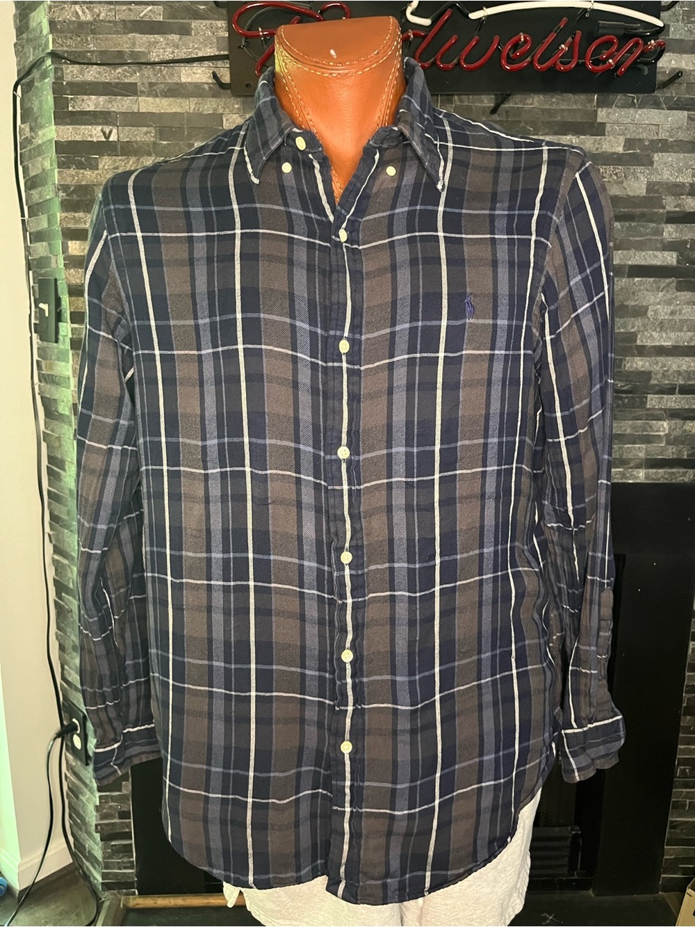 Ralph Lauren Men's Navy and Gray Plaid Button-Down Shirt